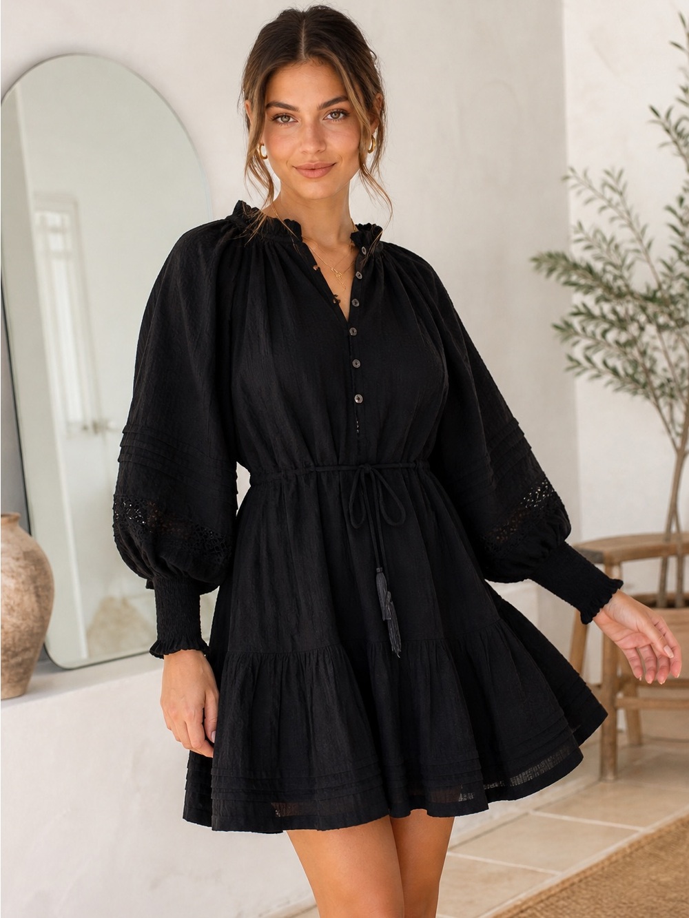Cleobella Meadow Mini Dress Black Boho Organic Cotton Lace Sleeve Size S